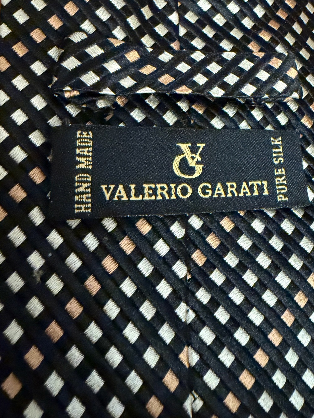 👔Valerio Garati Pure Silk Handmade Tie in Black, Cream & Tan Grid Pattern - Picture 4 of 10